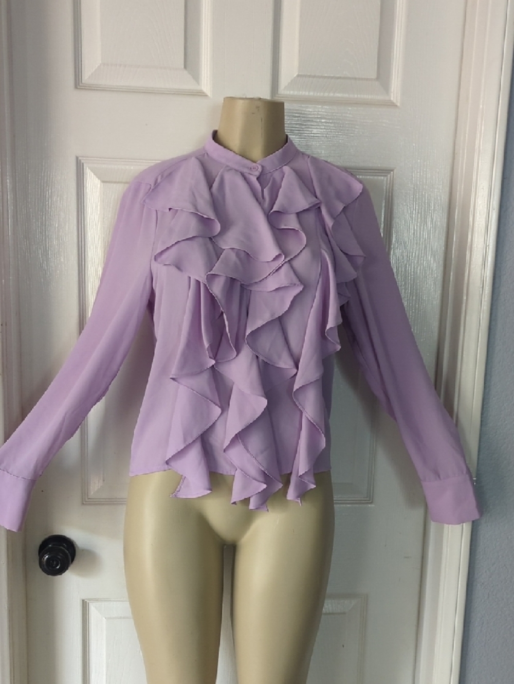 Lavender Ruffle Front Mandarin-Collar Blouse - Picture 6 of 7